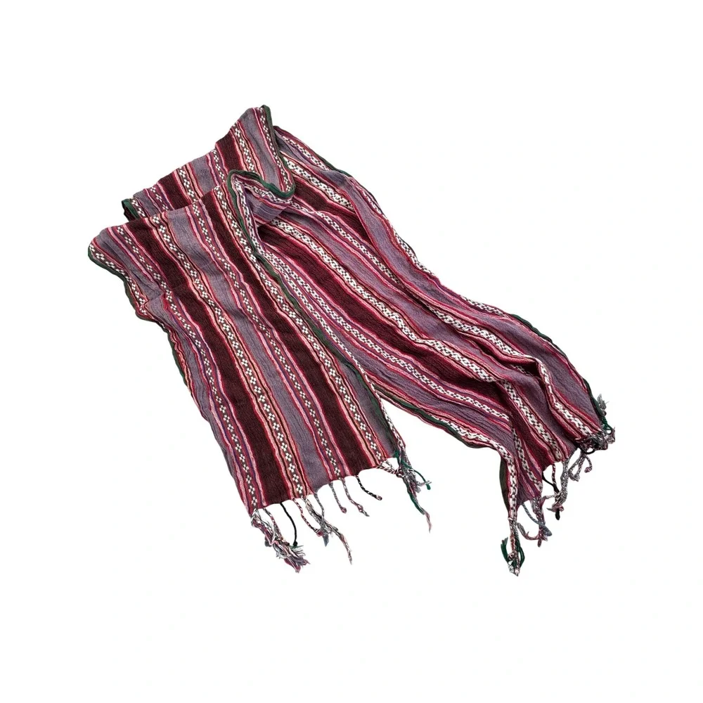 Boho Hand Woven Striped Fringed Scarf Burgundy Purple Green Geometric Pattern